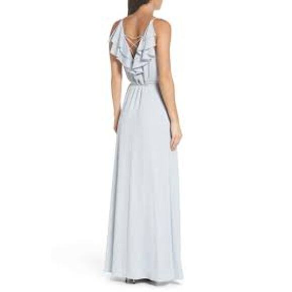 WAYF Jamie Ruffle Wrap Gown Dress Ocean Mist Blue Medium NWOT - Picture 2 of 11